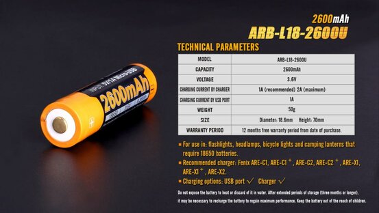 Nabíjacia USB batéria Fenix 18650 2600 mAh (Li-ion